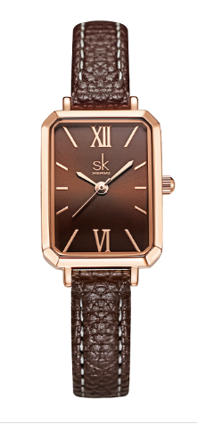 Montre rectangulaire femme avec bracelet de cuir brun - Shengke
